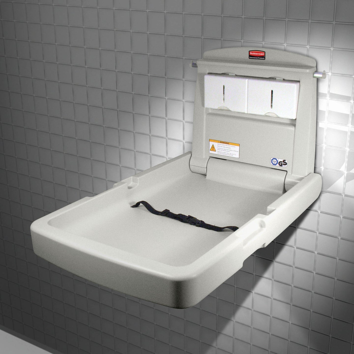 Table à langer murale pour collectivités pliante et rabattable Rubbermaid verticale ouverte
